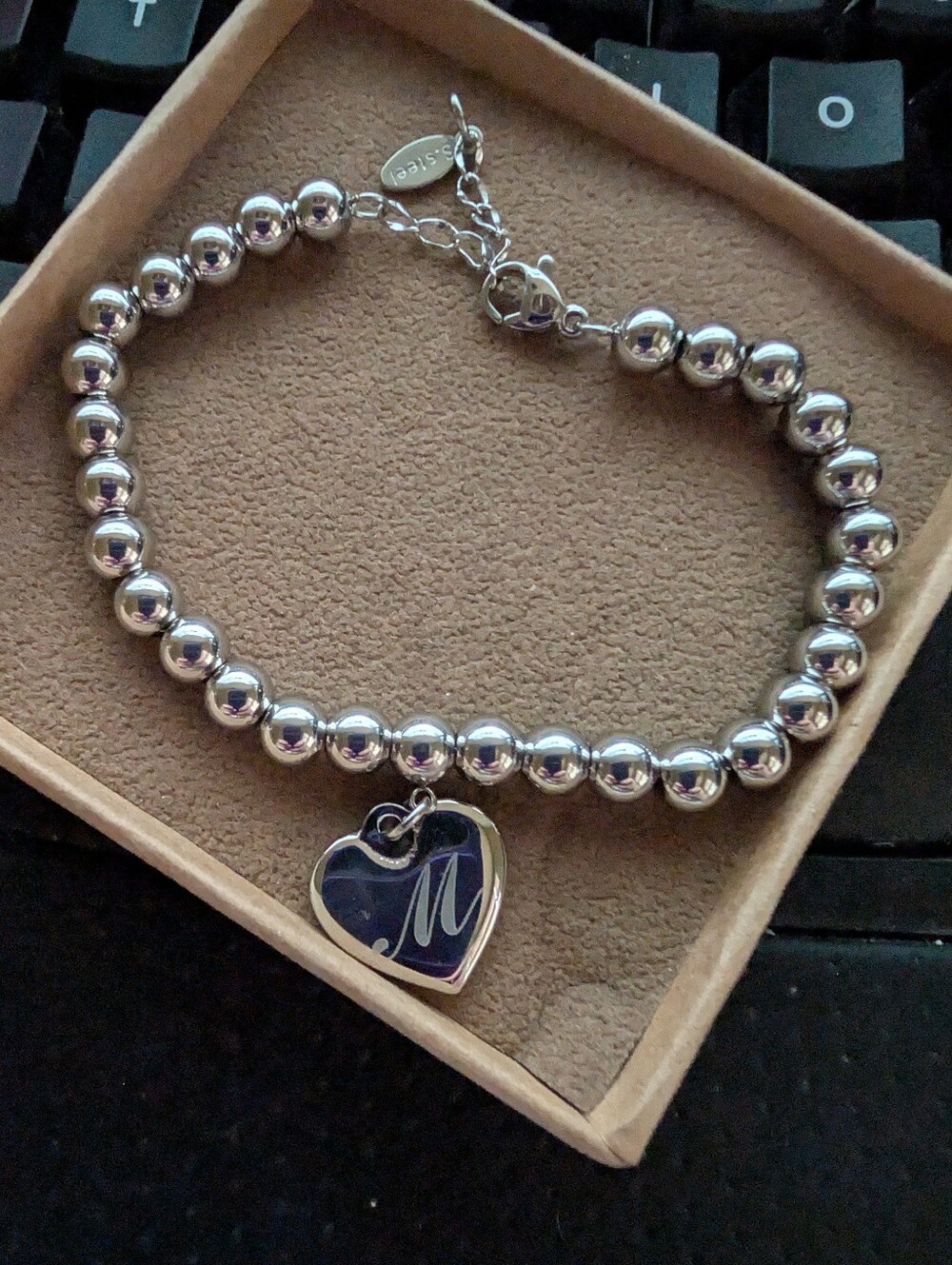 Silver Beaded Heart Charm Bracelet with 'M' Initial